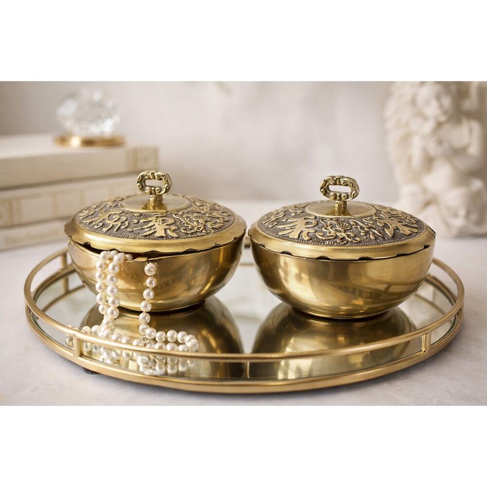Vintage Korean Brass Lidded Boxes Pair Ornate Trinket Dish Hollywood Regency